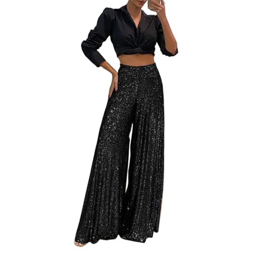 Pailletten Hose Damen Weite Plissee Hose Glitzer High Waist Palazzo Hose Frauen Casual Marlenehose Locker Stoffhose Weitem Bein Freizeithose Elegant Culottes Hose Gummizug Lounge Hose Gerade von FUPODD