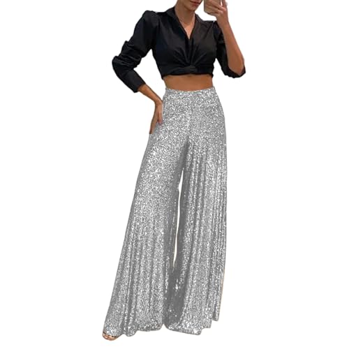 Pailletten Hose Damen Weite Plissee Hose Glitzer High Waist Palazzo Hose Frauen Casual Marlenehose Locker Stoffhose Weitem Bein Freizeithose Elegant Culottes Hose Gummizug Lounge Hose Gerade von FUPODD