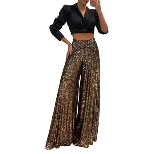 Pailletten Hose Damen Weite Plissee Hose Glitzer High Waist Palazzo Hose Frauen Casual Marlenehose Locker Stoffhose Weitem Bein Freizeithose Elegant Culottes Hose Gummizug Lounge Hose Gerade von FUPODD