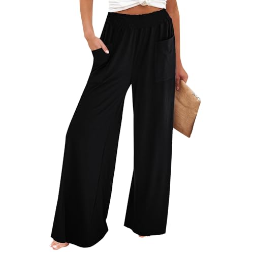 Palazzo Hose Damen Elegant Musselin Hose Damen Freizeithose Culottes Hosen Damen High Waist Stoffhose Damen Sommerhosen Damen Leicht Und Luftig Plissee Hose Mit Taschen Marlenehose Damen Strandhose von FUPODD