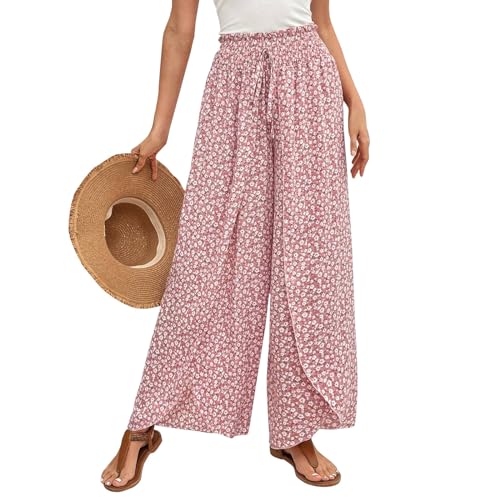Palazzo Hose Damen Elegant Wickelhose Damen High Waist Culottes Hosen Damen Mit Gummizug Musselin Hose Plissee Strandhose Viskose Marlenehose Weite Stoffhose Damen Blumen Sommerhosen Leicht Luftig von FUPODD