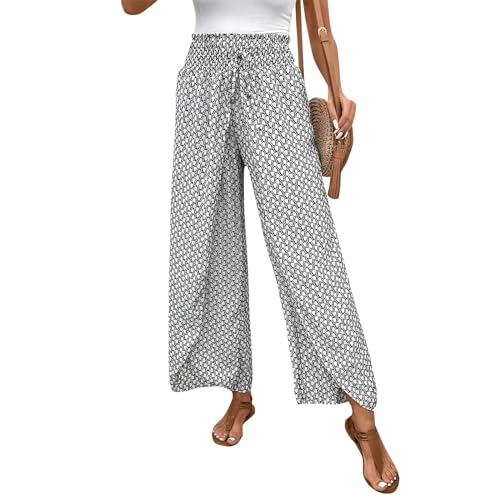Palazzo Hose Damen Elegant Wickelhose Damen High Waist Culottes Hosen Damen Mit Gummizug Musselin Hose Plissee Strandhose Viskose Marlenehose Weite Stoffhose Damen Blumen Sommerhosen Leicht Luftig von FUPODD