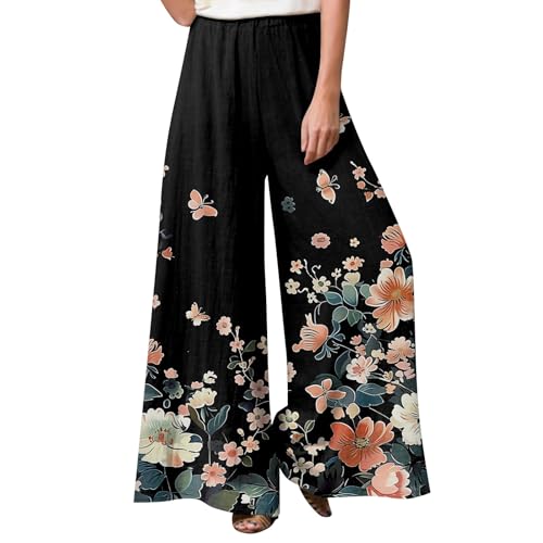 Palazzo Hose Damen High Waist Culottes Hosen Damen Blumen Freizeithose Damen Elegant Stoffhose Damen Sommer Sommerhose Damen Leicht Musselin Hose Marlenehose Frauen Mit Gummizug Plissee Hose von FUPODD