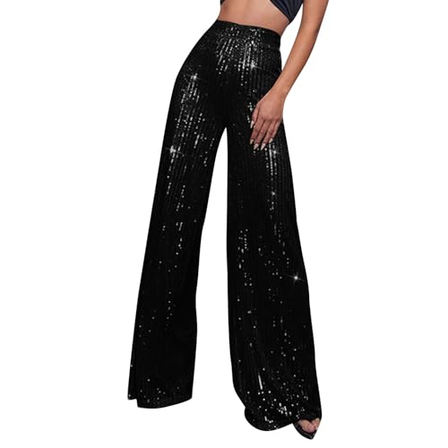Palazzo Hose Damen Pailletten Culottes Hosen Frauen Lang Glitzer High Waist Weites Bein Hose Elegant Freizeithose Elastische Taille Lose Fit Party Festival Club Hosen 70er Glänzend Mode von FUPODD