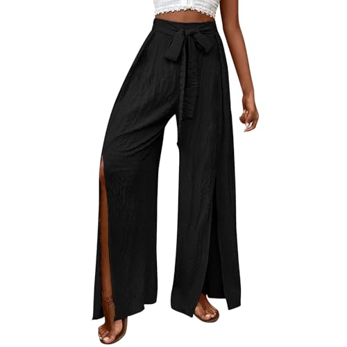 Palazzo Hose Damen Seitlich Offen Sommerhose Leicht Stoffhose Sommer Elegant Musselin Culottes Hosen High Waist Sommerhosen Luftig Freizeithose Frauen Weite Marlenehose Mit Gürtel Strandhose von FUPODD