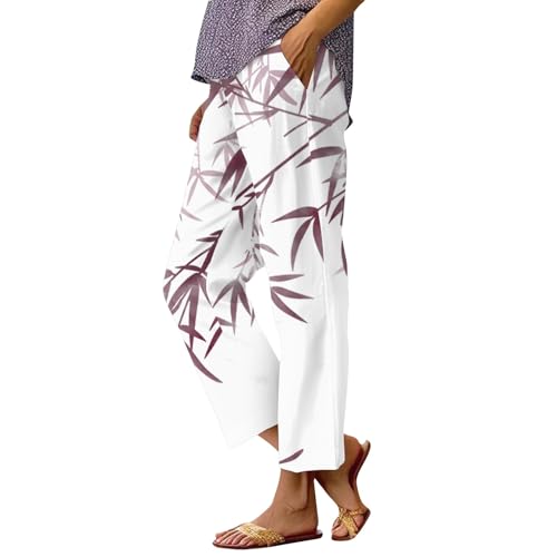Plissee Hose Damen Lockere Hosen Damen Freizeithose Damen Sommerhosen Damen Leicht Und Luftig Stoffhose Damen Mit Gummibund Musselin Hose Damen Mit Taschen Strandhose Damen Schlupfhose Damen Blumen von FUPODD