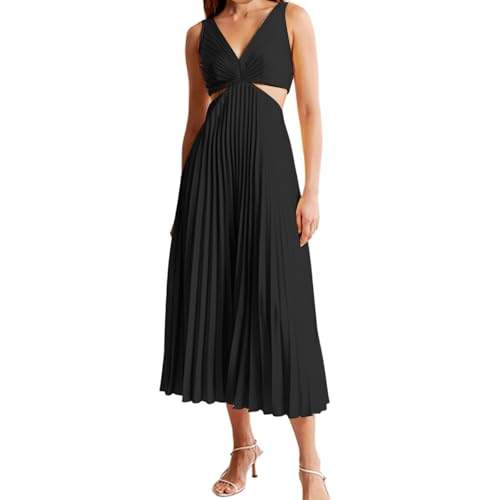 Plisseekleid Damen Sommer Elegant Sommerkleid Lang Cut Out Faltenkleid Träger Festlich Kleid A Linie Cocktailkleid Hochzeitsgast Kleider V Ausschnitt Rückenfrei Maxi Ballkleider Frauen Party von FUPODD