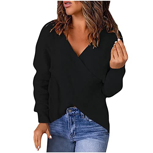 Pullover Damen über Kreuz Pullover Frauen V Ausschnitt Sweatshirt Schulterfrei Winterpulli Damen Herbst Jumper Frauen Elegant Sexy Pullunder Vintage von FUPODD