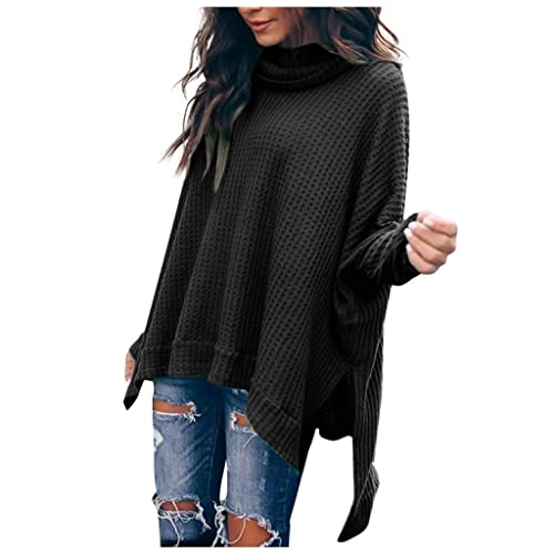 Pullover Damen Elegant Pulli Vorne Kurz Hinten Lang Pullunder Rollkragen Pullover übergröße Damen Pulli Winter Warm Strickpullover Frauen Feinstrick Lose Casual Oberteil Asymmetrisch von FUPODD