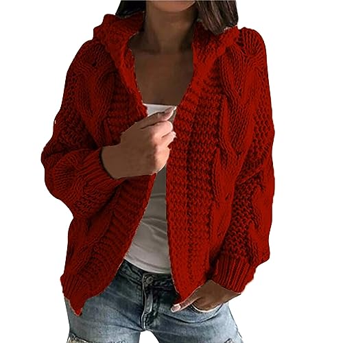 Pullover & Strickjacken Für Damen Dicke Strickjacke Damen Grobstrick Cardigan Damen Elegant Strickjacke Damen Kurz Strickjacke Mit Kapuze Frauen Grobstrickjacke Warme Strickmantel Zopfmuster von FUPODD