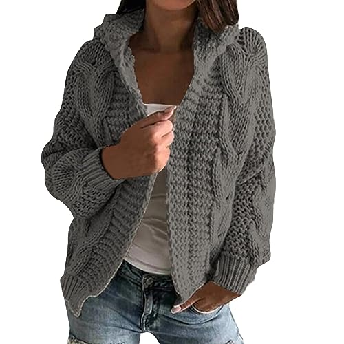 Pullover & Strickjacken Für Damen Dicke Strickjacke Damen Grobstrick Strickjacke Damen Kurz Strickjacke Mit Kapuze Frauen Grobstrickjacke Warme Cardigan Damen Elegant Strickmantel Zopfmuster von FUPODD