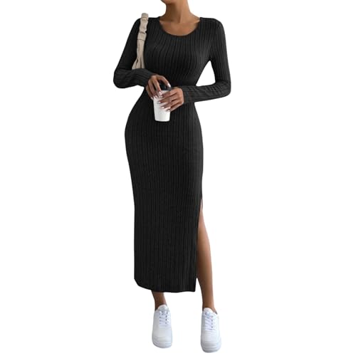 Pulloverkleid Damen Elegant Curvy Strickkleid Damen Winter Lang Mit Schlitz Maxi Geripptes Winterkleider Gestricktes Strickkleider Frauen Eng Gerader Schnitt Winterkleid Damen Langarm Warm von FUPODD