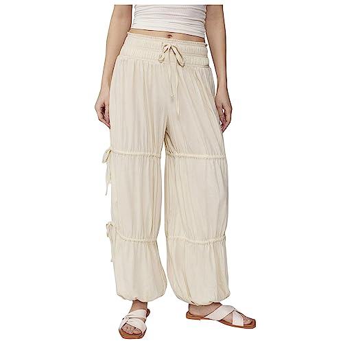Pumphose Damen mit Kordelzug Plissee Hose Damen Sommerhose Damen Leicht Strandhose Freizeithose Palazzo Hose Damen Stylische Stoffhose Damen Bequeme Musselin Hose Damen Mit Gummizug Culottes Hosen von FUPODD