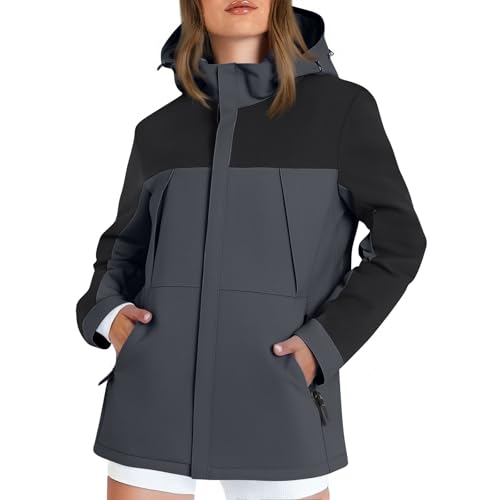Regenjacke Damen Wasserdicht Atmungsaktiv Regenmantel Mit Kapuze Leicht Softshelljacke Reißverschlußtaschen Wanderjacke Outdoor Fahrradjacke Frauen Waterproof Wandern Regenjacke Patchwork von FUPODD