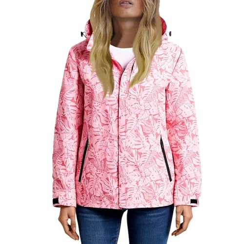 Regenjacke Wasserdicht Atmungsaktiv Damen Mit Kapuze Blumenmuster Softshelljacke Leicht Wanderjacke Frauen Übergangsjacke Outdoor Jacke Dünn Regenmantel Fahrrad Windbreaker Mit Taschen Zipper von FUPODD