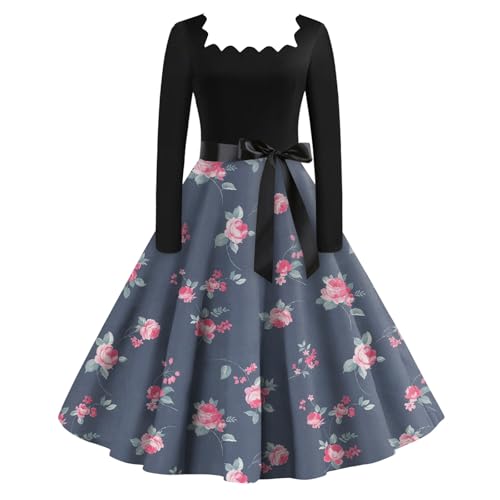 Rockabilly Kleid Damen Lang Vintage 60er Jahre Kleid Langarm Blumen Schwingen Cocktailkleid Elegant Quadratischer Kragen Ballkleid A Linie Petticoat Abendkleid Frauen Geblümt Frühlingskleid von FUPODD