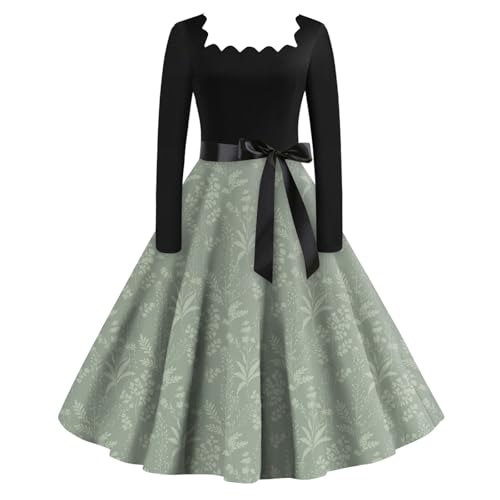 Rockabilly Kleid Damen Lang Vintage 60er Jahre Kleid Langarm Blumen Schwingen Cocktailkleid Elegant Quadratischer Kragen Ballkleid A Linie Petticoat Abendkleid Frauen Geblümt Frühlingskleid von FUPODD