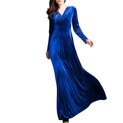 Samtkleid Damen Langarm V Ausschnitt Abendkleider Lang Frühlingskleid Hohe Taille Cocktailkleid Elegant Hochzeit Ballkleid Maxi A Linie Kleider Frauen Samt Festliche Partykleid Winterkleid von FUPODD