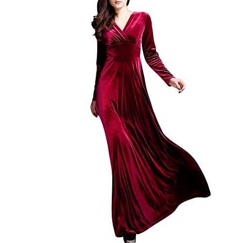 Samtkleid Damen Langarm V Ausschnitt Abendkleider Lang Frühlingskleid Hohe Taille Cocktailkleid Elegant Hochzeit Ballkleid Maxi A Linie Kleider Frauen Samt Festliche Partykleid Winterkleid von FUPODD