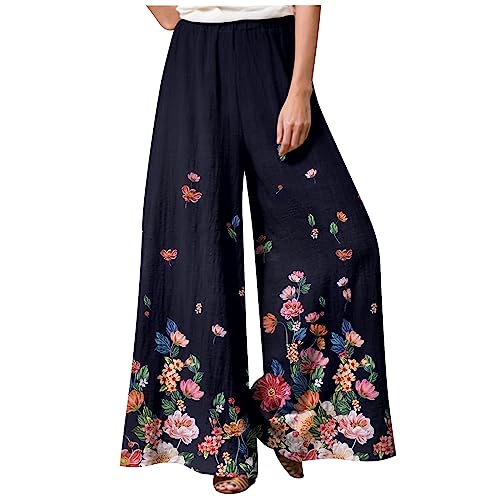 Schlaghose Stoff Damen Bunt Große Größen Flower Sommerhose Damen Leicht Wickelhose Schnittmuster Marlenehose Damen Elegant Hohe Taille Hosen Sommer Lang Weites Bein Freizeithosen mit Gummizug von FUPODD