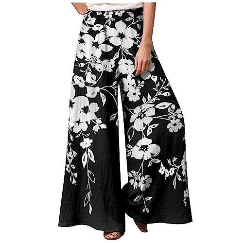 Schlaghose Stoff Damen Bunt Große Größen Flower Sommerhose Damen Leicht Wickelhose Schnittmuster Marlenehose Damen Elegant Hohe Taille Hosen Sommer Lang Weites Bein Freizeithosen mit Gummizug von FUPODD
