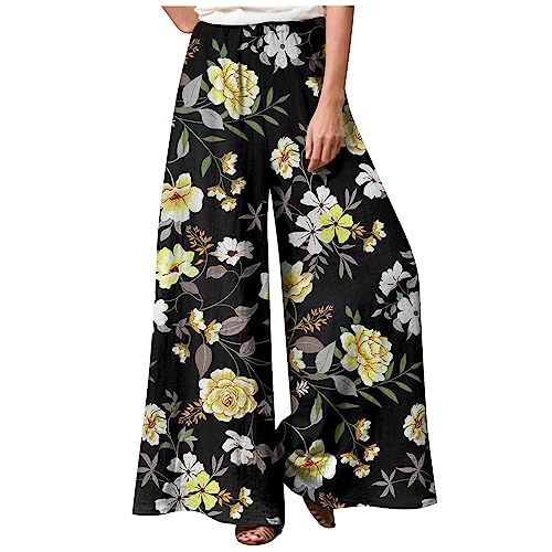 Schlaghose Stoff Damen Bunt Große Größen Flower Sommerhose Damen Leicht Wickelhose Schnittmuster Marlenehose Damen Elegant Hohe Taille Hosen Sommer Lang Weites Bein Freizeithosen mit Gummizug von FUPODD
