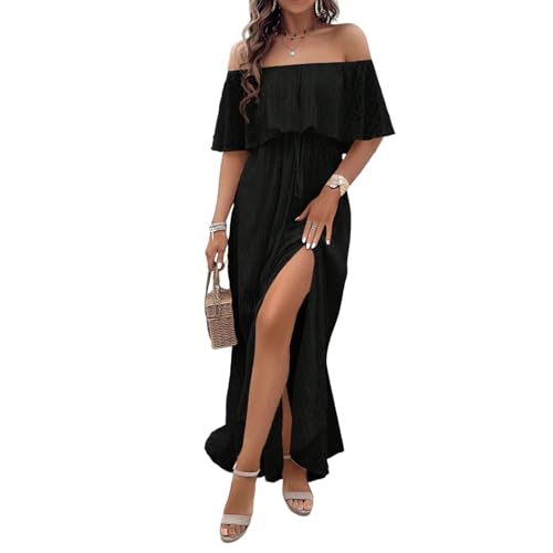 Schulterfreies Kleid Damen Sommer Elegant Sommerkleid Lang A-Linien Maxikleider Mit Schlitz Sommerkleider Leicht Und Luftig Boho Kleider Maxi Mit Gürtel Strandkleid Off Shoulder Mit Ärmeln von FUPODD
