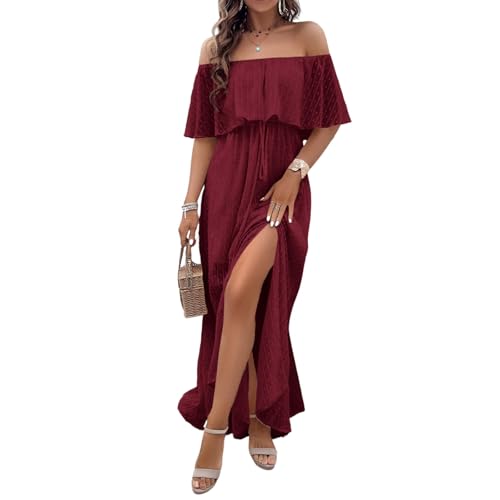 Schulterfreies Kleid Damen Sommer Elegant Sommerkleid Lang A-Linien Maxikleider Mit Schlitz Sommerkleider Leicht Und Luftig Boho Kleider Maxi Mit Gürtel Strandkleid Off Shoulder Mit Ärmeln von FUPODD