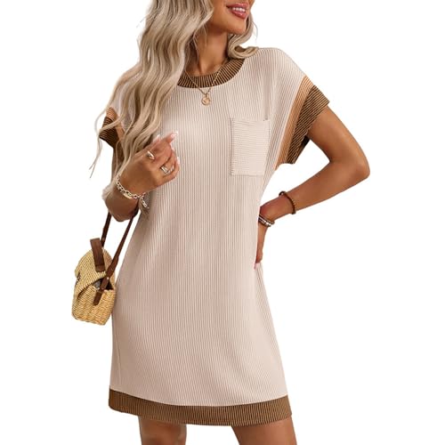 Shirtkleid Damen Sommer A Linie Kleider Gestreift Sommerkleid Kurz Elegant Blusenkleid Kurzarm Tunika Kleid Farbblock Sommerkleider Leicht Und Luftig Damenkleider Rundhals Strandkleid Frauen von FUPODD