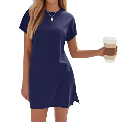 Shirtkleid Damen Sommer Kurz Kurzarm Sommerkleid Damen Elegant Blusenkleid Mit Schlitz Kurzes Sommerkleider Leicht Und Luftig Mini Tshirt Kleid Frauen Oversize Strandkleid Einfarbig Rundhals von FUPODD