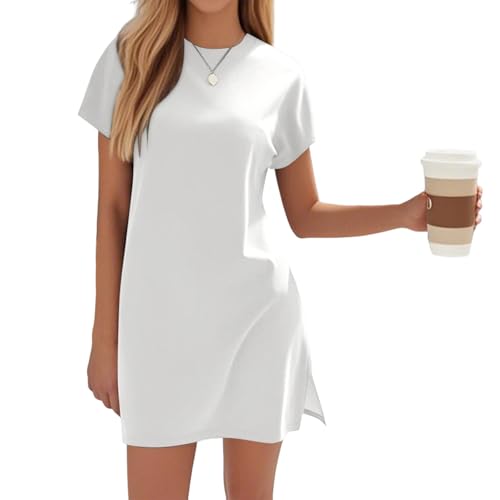Shirtkleid Damen Sommer Kurz Kurzarm Sommerkleid Damen Elegant Blusenkleid Mit Schlitz Kurzes Sommerkleider Leicht Und Luftig Mini Tshirt Kleid Frauen Oversize Strandkleid Einfarbig Rundhals von FUPODD
