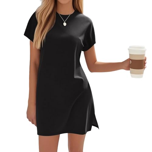 Shirtkleid Damen Sommer Kurz Kurzarm Sommerkleid Damen Elegant Blusenkleid Mit Schlitz Kurzes Sommerkleider Leicht Und Luftig Mini Tshirt Kleid Frauen Oversize Strandkleid Einfarbig Rundhals von FUPODD
