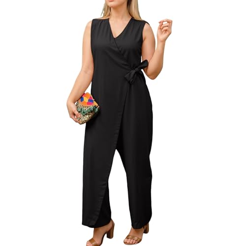 Sommer Jumpsuit Damen Lang Elegant Wickel Overall Damen Sommer V Ausschnitt Ärmellos Jumpsuits Mit Tasche Romper Große Größen Hosenanzug Frauen Wickeloptik Einteiler Baumwolle Leinen Playsuit von FUPODD