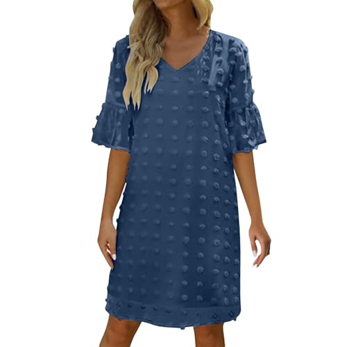 Sommer Kleider Damen Elegant Strandkleid Luftig Sommerkleid Damen Kurz Chiffon A Linie Boho Kleid Halbarm Rüschen Bohemian Sommerkleider Frauen Leicht Und Luftig Chiffonkleid V Ausschnitt von FUPODD