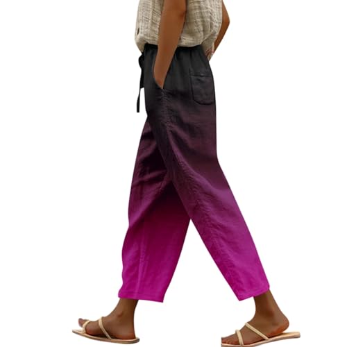 Sommerhose Damen Leicht Stoffhose Damen Sommer Locker Musselin Hose Damen Mit Taschen Freizeithose Damen Einfarbig Schlupfhose Frauen Tie Dye Bleistifthose Plissee Hose Mit Gummizug Strandhose von FUPODD