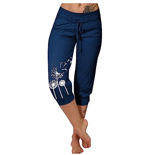 Sommerhosen Leicht Und Luftig 3/4 Blumenmuster Pumphose Elegant Caprihose Damen Sommer Chinohose Hight Waist Stretch Hose Capri Hose mit Taschen Flower Freizeithose mit Gummibund von FUPODD