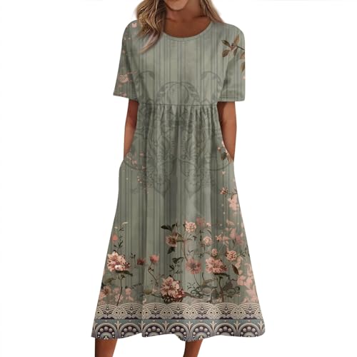 Sommerkleid Damen Blumen Midi Elegant Italienische Kleider Sommer Vintage Luftige Sommerkleider Mit Taschen Frauen Leicht Kurzarm Leichte Kleid Locker Plissee Midikleider Casual Strandkleid von FUPODD