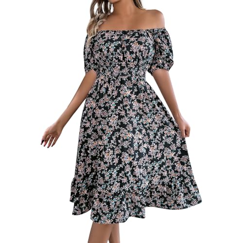 Sommerkleid Damen Elegant Blumenkleid A Linie Musselin Kleid Boho Kleider Frauen Geblümt Knielang Sommerkleider Damen Leicht Und Luftig Strandkleid Rüschen Midi Freizeitkleider Korsett Sommer von FUPODD