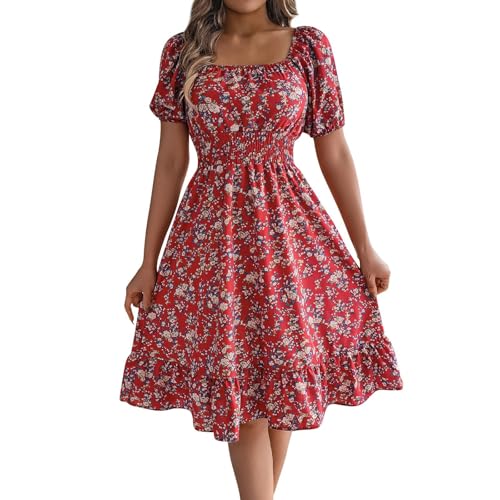 Sommerkleid Damen Elegant Blumenkleid A Linie Musselin Kleid Boho Kleider Frauen Geblümt Knielang Sommerkleider Damen Leicht Und Luftig Strandkleid Rüschen Midi Freizeitkleider Korsett Sommer von FUPODD