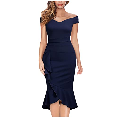 Sommerkleid Damen Elegant Enges Abendkleid Frauen Leicht Luftig Maxikleid Schulterfrei V Ausschnitt Cocktailkleid Curvy Mit Schlitz Damenkleider Vorne Kurz Hinten Lang Rüschen Sommerkleider von FUPODD