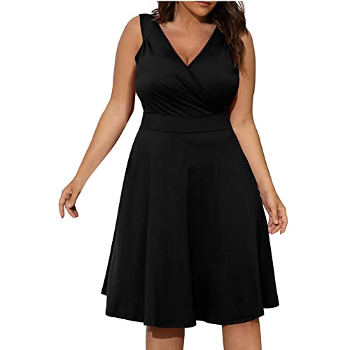 Sommerkleid Damen Elegant Große Größen Kleider Für Mollige Frauen Midi A Linie Wickelkleid V Ausschnitt Festlich Midikleid Sommer Ärmellos Kleid Übergröße Casual Sommerkleider Leicht Luftig von FUPODD