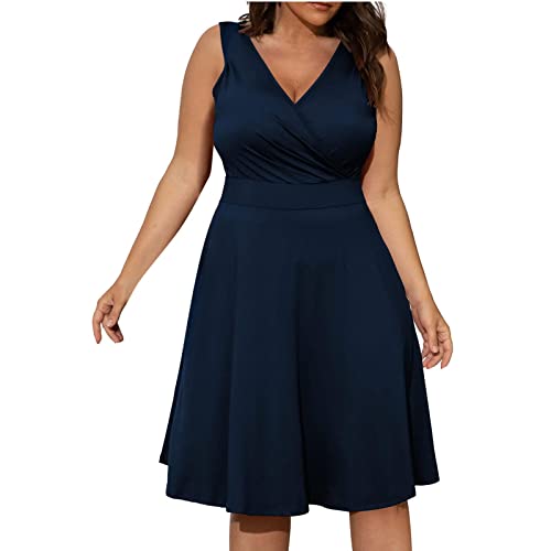 Sommerkleid Damen Elegant Große Größen Kleider Für Mollige Frauen Midi A Linie Wickelkleid V Ausschnitt Festlich Midikleid Sommer Ärmellos Kleid Übergröße Casual Sommerkleider Leicht Luftig von FUPODD