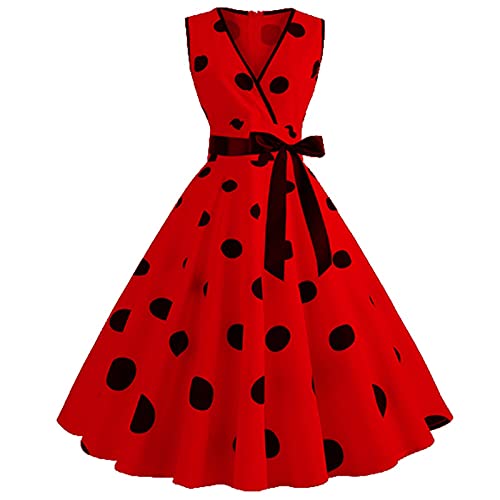 Sommerkleid Damen Elegant Kleider Frauen Sommer Punkte Sommerkleider Damen Leicht Und Luftig Partykleid Ärmellos Abschlusskleid V Ausschnitt Ballkleid A Linie Abendkleid Schwingen mit Gürtel von FUPODD