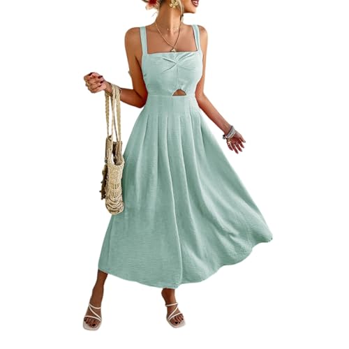 Sommerkleid Damen Elegant Lang Trägerkleid Sommer A Linie Rückenfreies Cut Out Kleider Plissee Maxi Schwingen Maxikleid Breite Träger Sommerkleider Leicht Und Luftig Elegantes Kleid Frauen von FUPODD