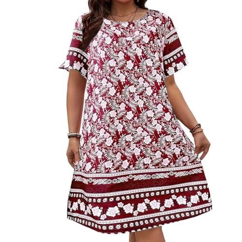 Sommerkleid Damen Große Größen Blumen Boho Sommerkleider Damen Leicht Und Luftig Blumenkleid Vintage Midi Kleider Sommer Für Mollige Frauen Elegant A Linie Kleid Kurzarm Midikleid Bohemian von FUPODD
