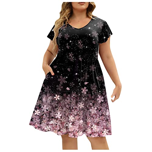 Sommerkleid Damen Große Größen Blumen Kleider Für Mollige Kurz A Linie Luftige Sommerkleider Elegant Rüschen Ärmel Strandkleid Frauen Sommer Leichte Kleid Elegante Damenkleider Schwingen von FUPODD