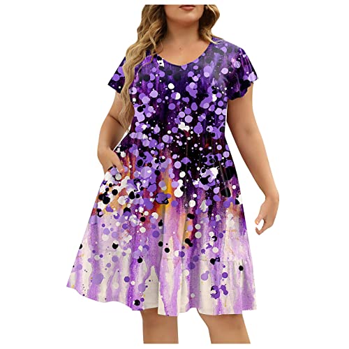 Sommerkleid Damen Große Größen Blumen Kleider Für Mollige Kurz A Linie Luftige Sommerkleider Elegant Rüschen Ärmel Strandkleid Frauen Sommer Leichte Kleid Elegante Damenkleider Schwingen von FUPODD