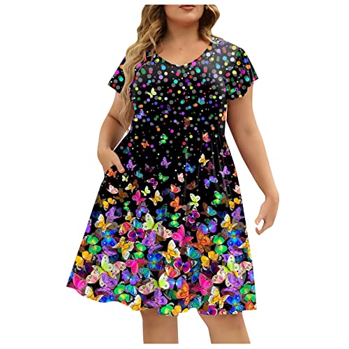 Sommerkleid Damen Große Größen Blumen Kleider Für Mollige Kurz A Linie Luftige Sommerkleider Elegant Rüschen Ärmel Strandkleid Frauen Sommer Leichte Kleid Elegante Damenkleider Schwingen von FUPODD