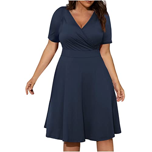 Sommerkleid Damen Große Größen Kleid Sommer Knielang Kurzarm Damenkleider Elegant V Ausschnitt Sommerkleider Leicht Luftig Schlichte Wickelkleid Grosse Grössen A Linie Kleider Für Mollige von FUPODD
