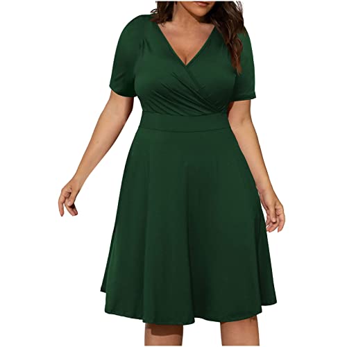 Sommerkleid Damen Große Größen Kleid Sommer Knielang Kurzarm Damenkleider Elegant V Ausschnitt Sommerkleider Leicht Luftig Schlichte Wickelkleid Grosse Grössen A Linie Kleider Für Mollige von FUPODD